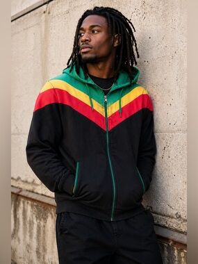 ❤️💛💚 Bob Marley-Inspired Rasta Colorblock Zip Hoodie – XXL